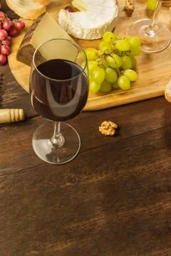 Wine and cheese tasting with bread and grapes 写真素材