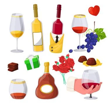 Wine and cognac vector drink cartoon set Stock Illustration