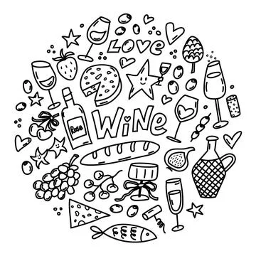 Wine and snacks doodle circle with food and drink elements 스톡 일러스트