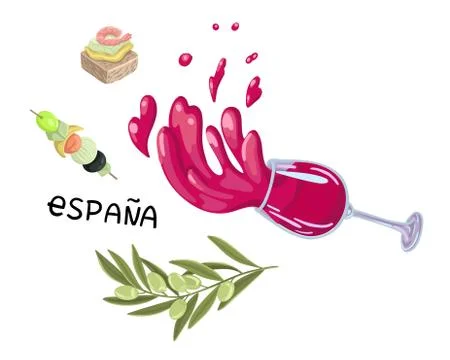 Wine and tapas, a splash of drinks in a wine glass. Symbols of food in Spain Stock-Illustration