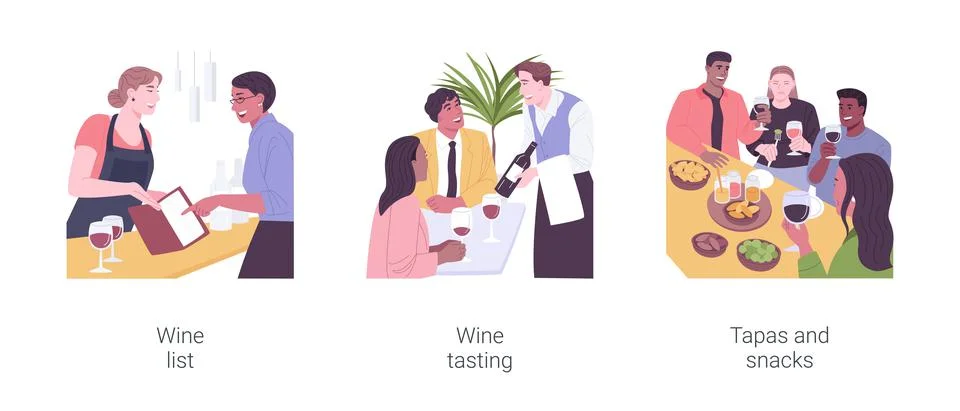 Wine bar isolated cartoon vector illustrations set. Stock Illustration