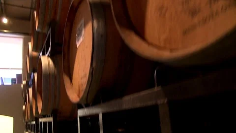 Wine barrels aging in a warehouse Video stock 78978328