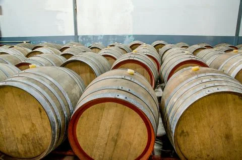 Wine barrels in cellar Stock Photos