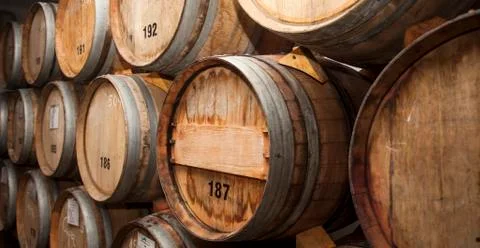 Wine barrels in cellar. Stock Photos