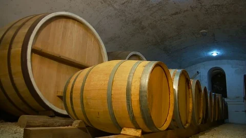 Wine Barrels in Cellar of the Winery Stock Footage 72835480