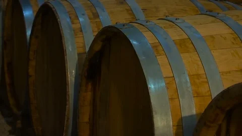 Wine Barrels in Cellar of the Winery Stock Footage 72835617