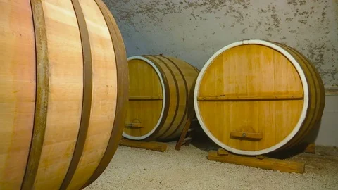 Wine Barrels in Cellar of the Winery Stock Footage 72835703