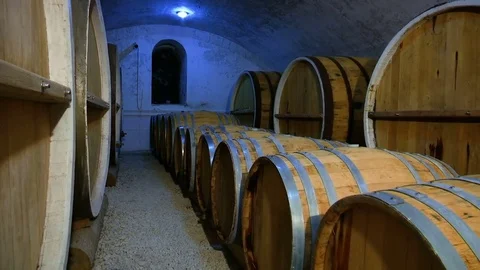 Wine Barrels in Cellar of the Winery Stock Footage 72835827