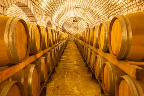 Wine barrels stacked in the cellar Stock Photos