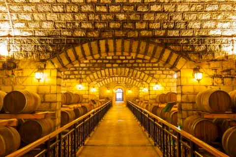 Wine barrels stacked in the cellar Stock Photos