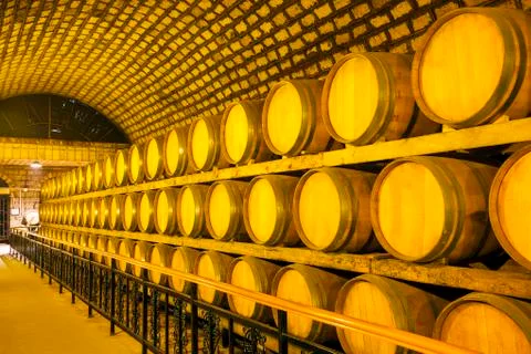 Wine barrels stacked in the cellar Stock Photos