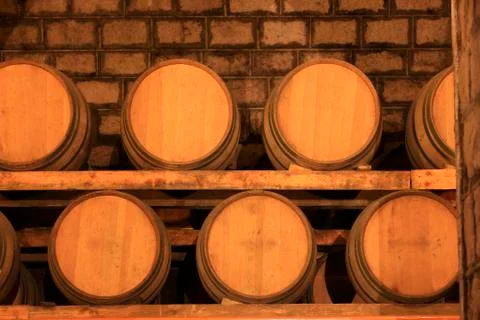 Wine barrels stacked in the cellar Stock Photos