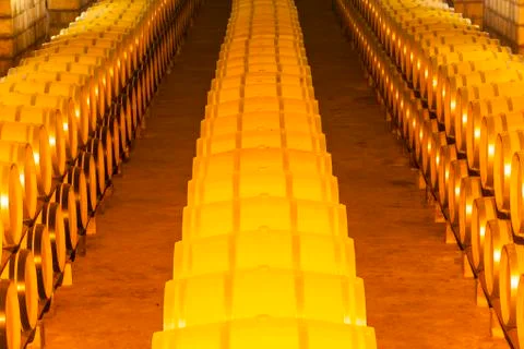 Wine barrels stacked in the cellar Stock Photos