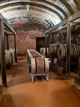 Wine barrels in the storage area Stock Photos