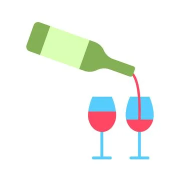 Wine bottle and two glasses flat line icon. Stock Illustration