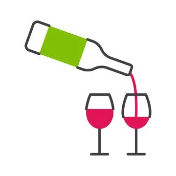 Wine bottle and two glasses flat line icon Stock Illustration