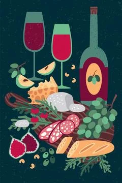 Wine bottle. Cheese, bread and grape. Festival banner, glass and sausage Stock Illustration