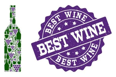 Wine Bottle Composition of Wine Bottles and Grape and Grunge Stamp Stock Illustration