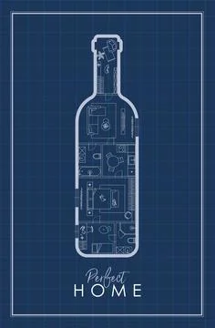 Wine bottle construction drawing blue Stock Illustration
