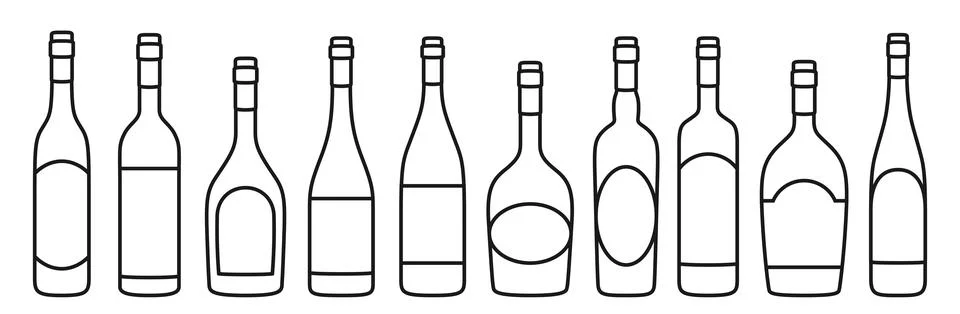 Wine bottle different shapes linear doodle set various alcohol beverages Stock Illustration