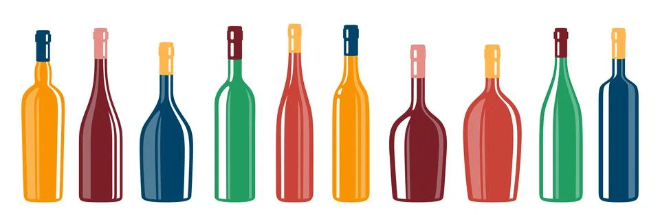 Wine bottle different shapes set various types alcohol beverages red sparkling Stock Illustration