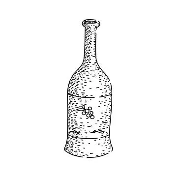 Wine bottle drawing with grape cluster on label Stock Illustration