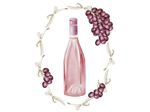 Wine bottle in a frame of grapes and ribbons watercolor. Hand drawn pink Stock Illustration