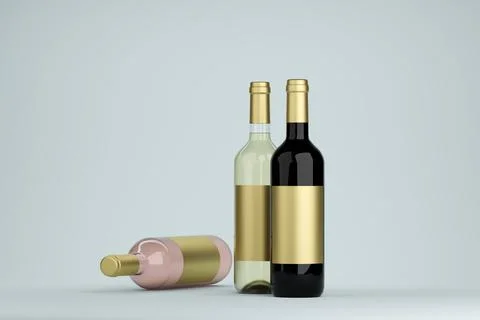Wine Bottle Mock-Up - Three Bottles. Blank gold Label.3d render Stock Illustration