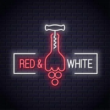 Wine bottle neon logo. Corkscrew with wine grapes Stock Illustration