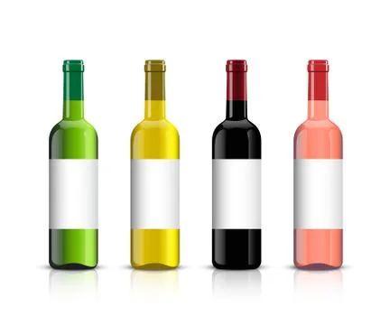 Wine bottle set. Vector wine bottles with shadows and mirror reflection isolated Illustrazione stock