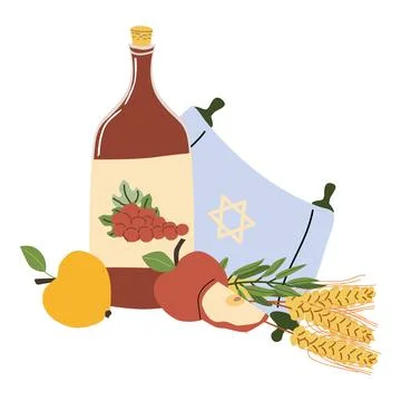 Wine bottle with torah scroll and olive leaves and ears of wheat. Stock Illustration