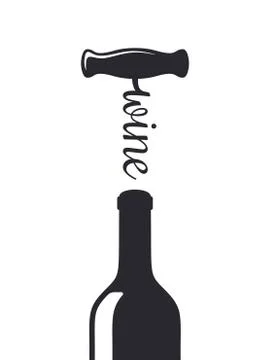 Wine bottle with wine corkscrew shape silhouette on white background Stock Illustration
