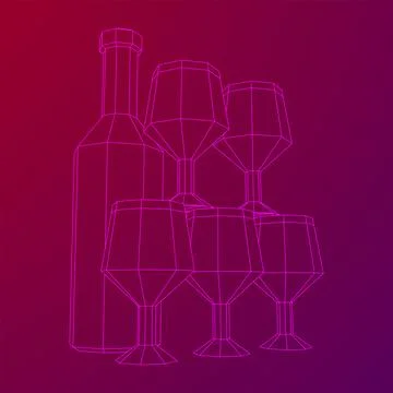 Wine bottle with wine glass. Wireframe illustration Stock Illustration