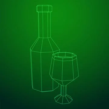 Wine bottle with wine glass. Wireframe illustration Illustrazione stock