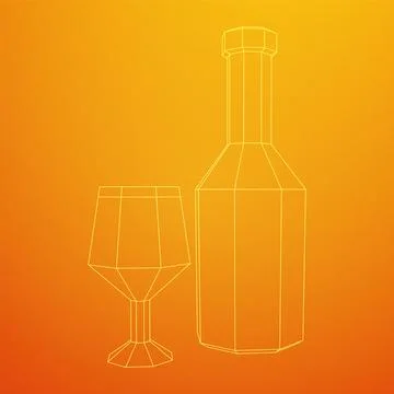 Wine bottle with wine glass. Wireframe illustration Stock Illustration