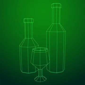 Wine bottle with wine glass. Wireframe illustration Illustrazione stock