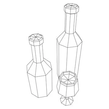 Wine bottle with wine glass. Wireframe illustration Illustrazione stock
