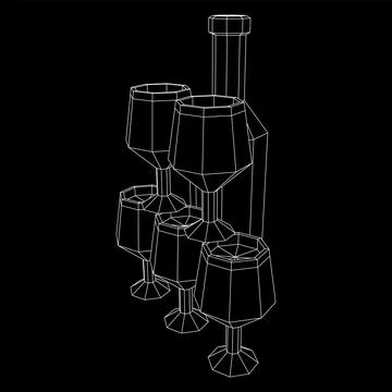 Wine bottle with wine glass. Wireframe illustration Illustrazione stock