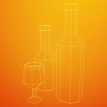 Wine bottle with wine glass. Wireframe illustration Illustrazione stock