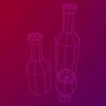 Wine bottle with wine glass. Wireframe illustration Illustrazione stock