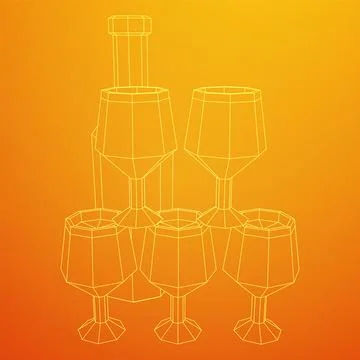 Wine bottle with wine glass. Wireframe illustration Illustrazione stock