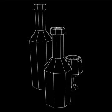 Wine bottle with wine glass. Wireframe illustration Illustrazione stock