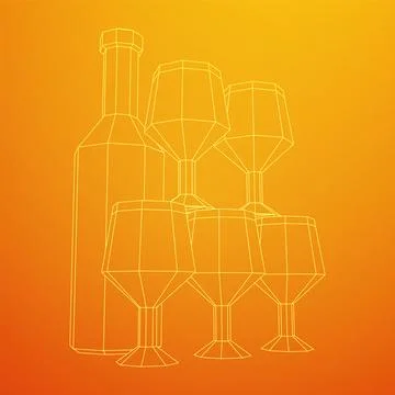 Wine bottle with wine glass. Wireframe illustration Illustrazione stock