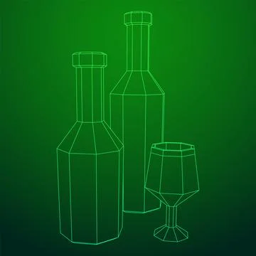 Wine bottle with wine glass. Wireframe illustration Illustrazione stock