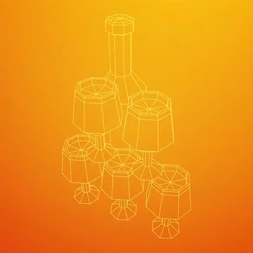 Wine bottle with wine glass. Wireframe illustration Illustrazione stock