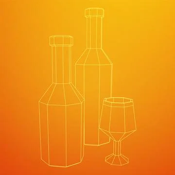 Wine bottle with wine glass. Wireframe illustration Illustrazione stock