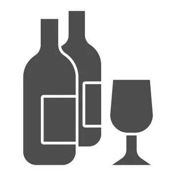 Wine bottles and glass solid icon. Two alcohol drink bottle and wineglass glyph Stock Illustration