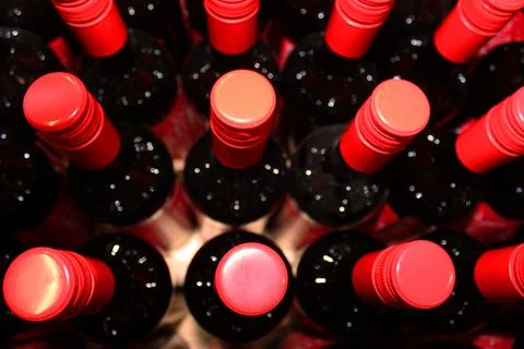 Wine bottles in a box close up. Box with bottles of drink in a wooden box on a Stock Photos