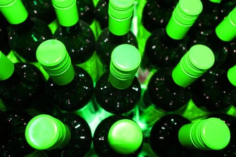 Wine bottles in a box close up. Box with bottles of drink in a wooden box on a Stock Photos