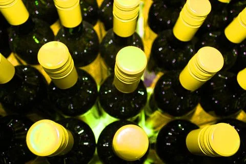 Wine bottles in a box close up. Box with bottles of drink in a wooden box on a Stock Photos